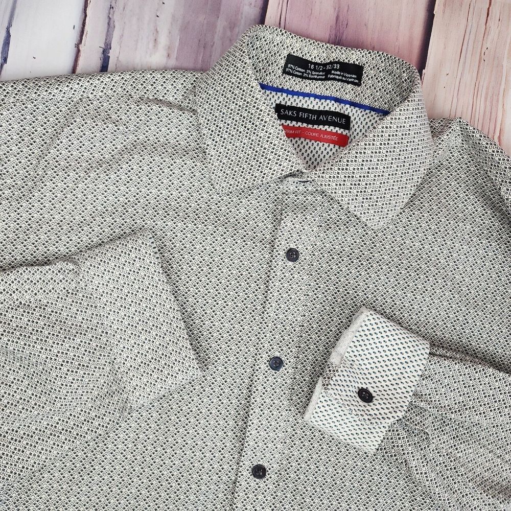 Saks Fifth Avenue Mens 16.5 32/33‎ Trim Fit Birdseye Button Up Long Sleeve Shirt